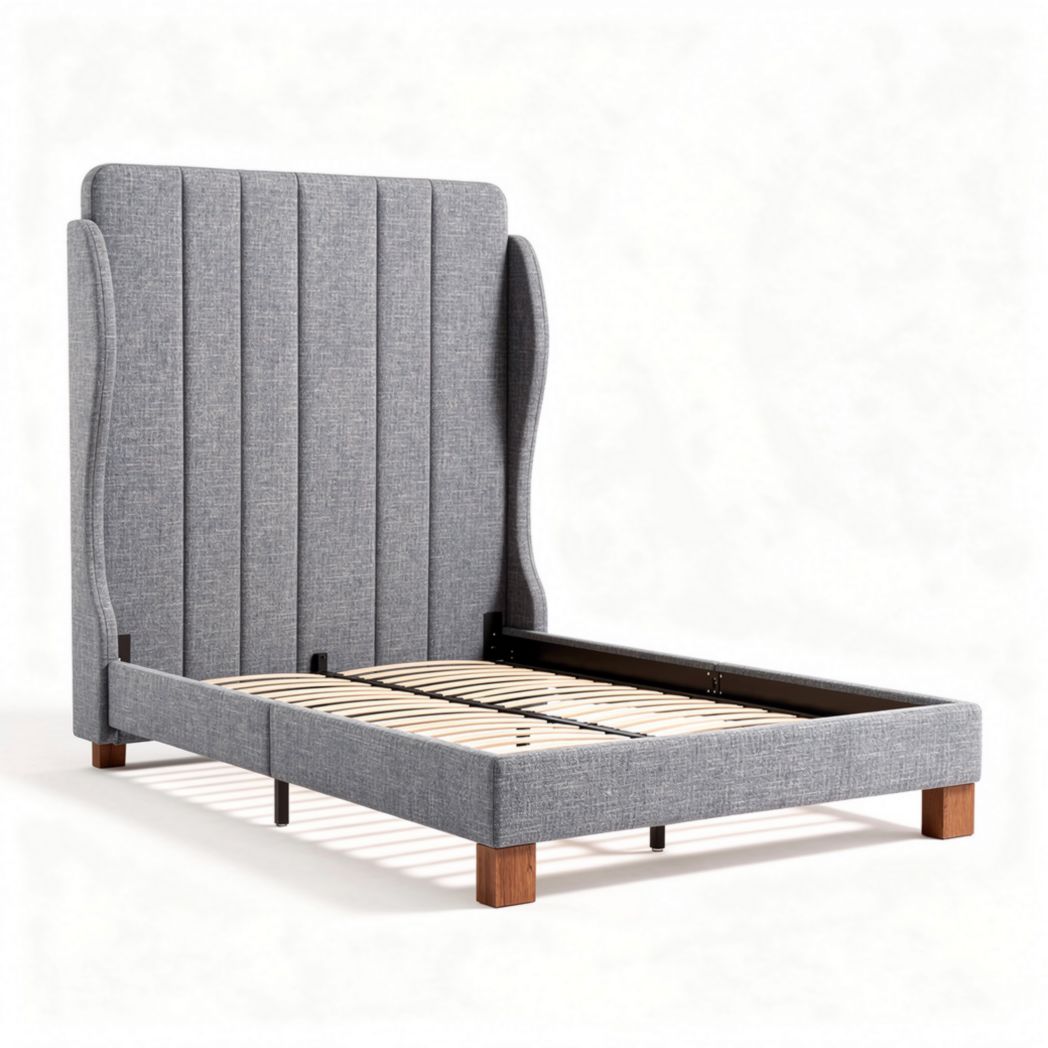 Hoog afgewerkt grijs stoffen bed met houten poten voor matrassen 200 x 160 cm