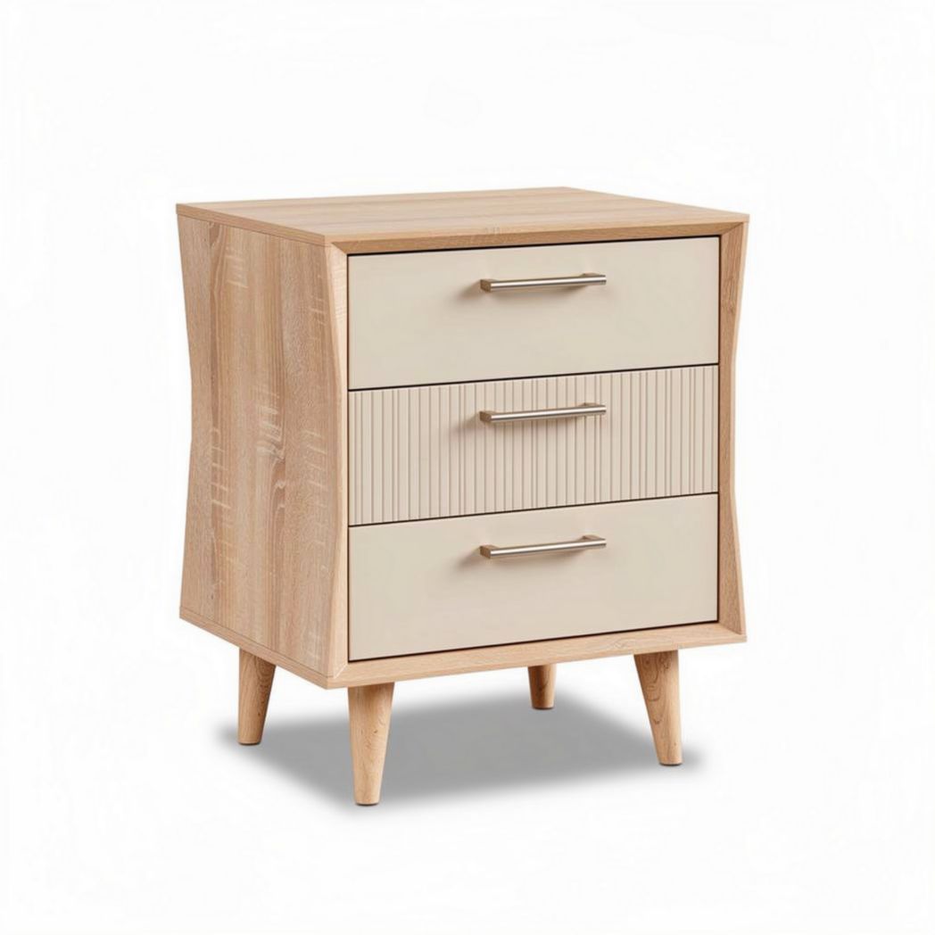 Houten nachtkast met drie lades en licht beige fronten 40 x 40 x 50cm