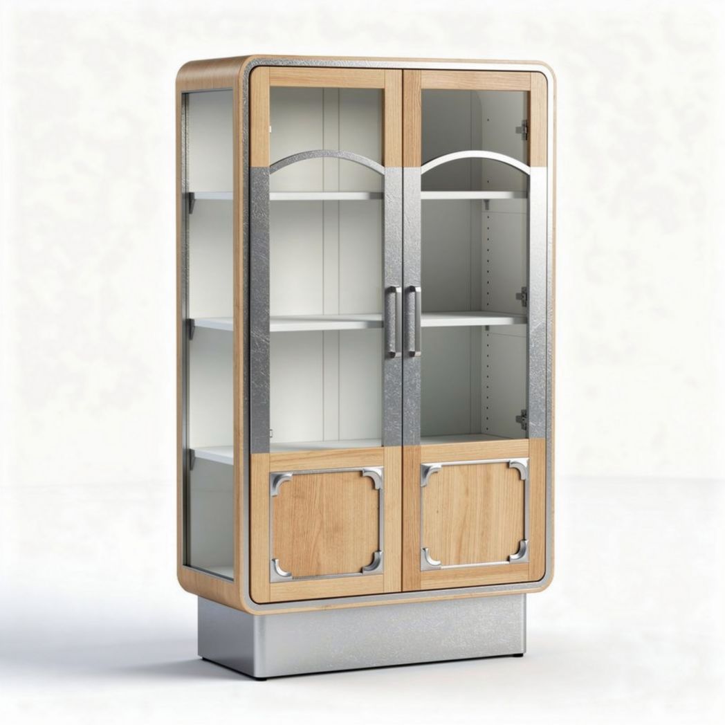 Glazen vitrine kast met houten en metalen afwerking 80 x 40 x 180cm