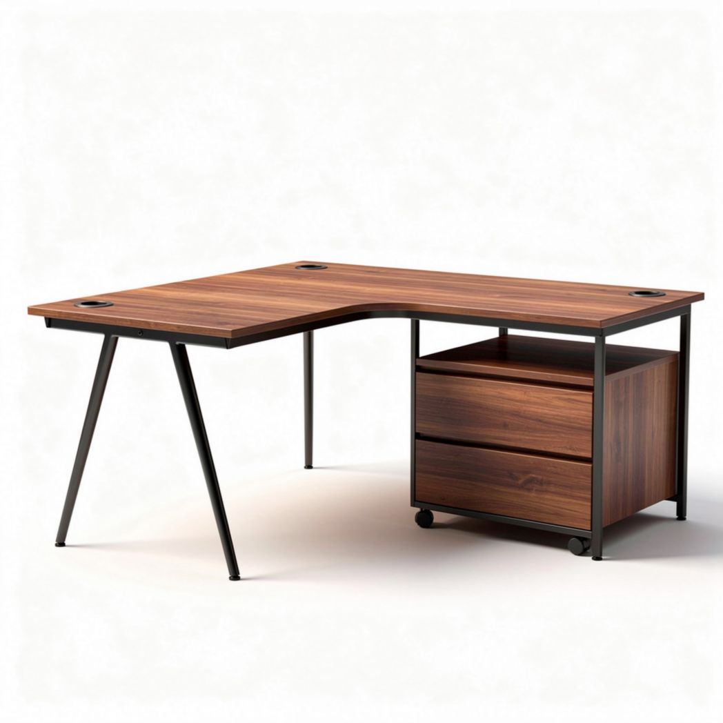 L-vormig bureau van hout en metaal met lades en wielen 150 x 75 x 75cm